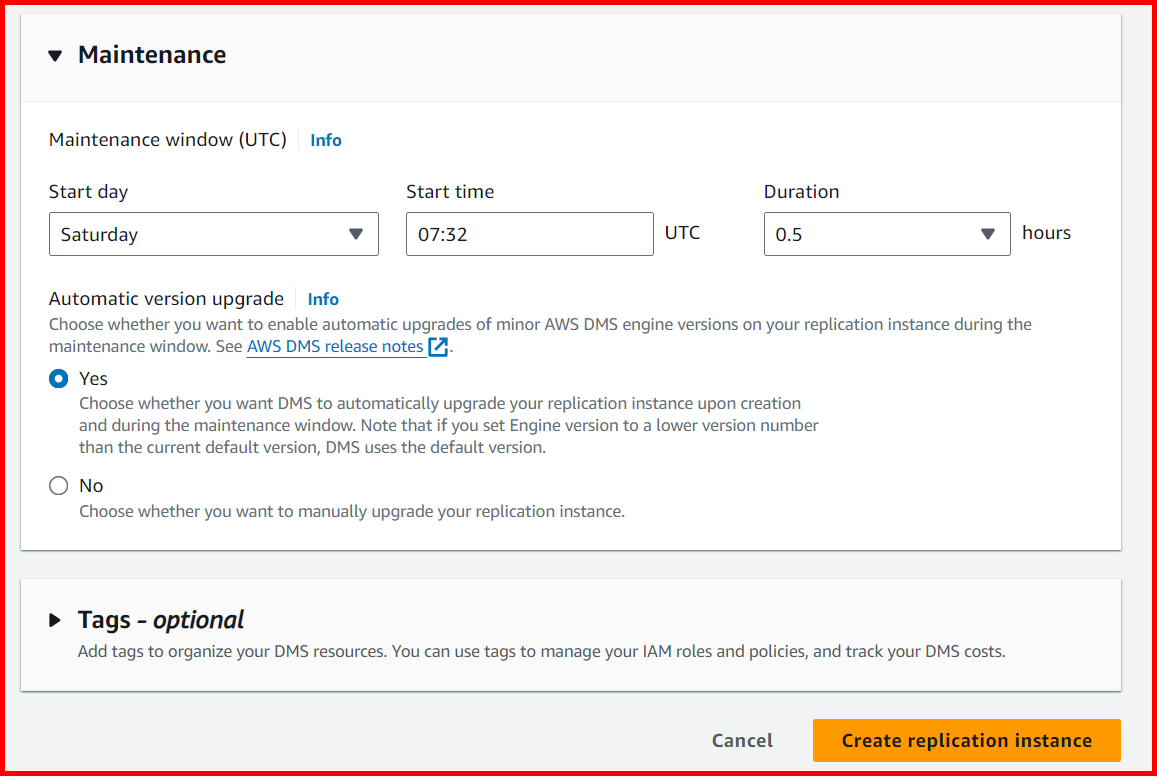 Picture showing the Create replication instance button for creating the replication instance